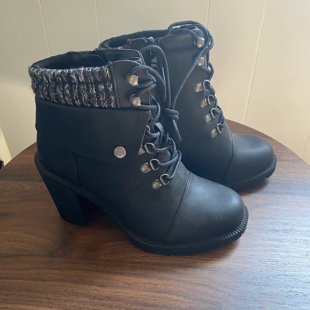 torrid Black Lace-Up Heeled Ankle Boots with Tweed Cuff